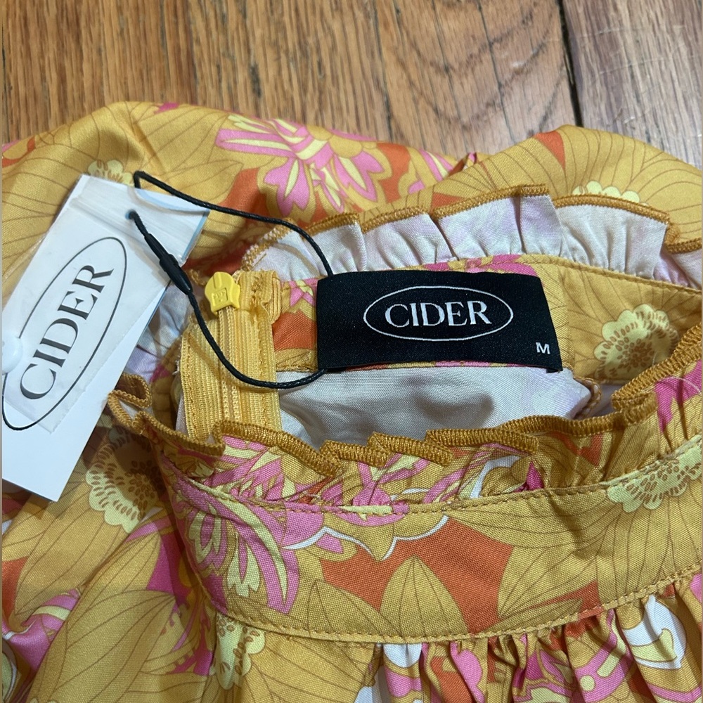 NWT CIDER orange yellow retro floral long sleeve ruffle hem mini dress - Picture 9 of 9